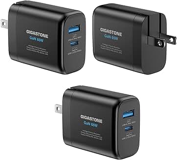 Three 65W USB C and USB A GaN chargers with foldable plugs