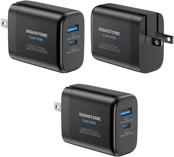 Three 65W USB C and USB A GaN chargers with foldable plugs