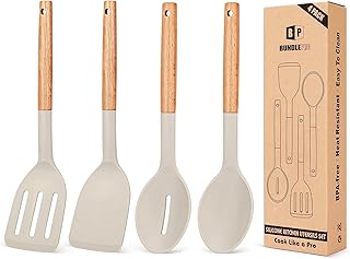 Set of 4 Silicone Kitchen Utensils with Wooden Handles