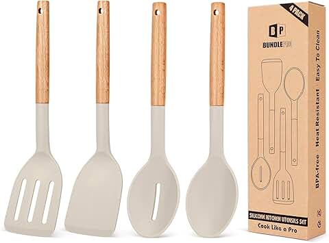 Set of 4 Silicone Kitchen Utensils with Wooden Handles