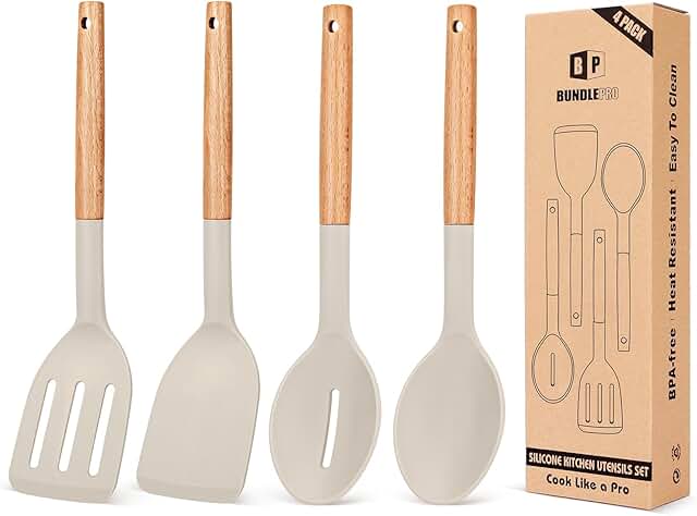 Set of 4 Silicone Kitchen Utensils with Wooden Handles