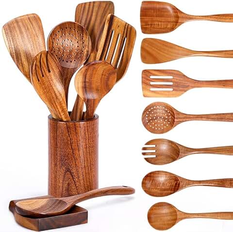 9-Piece Natural Teak Kitchen Utensil Set with Spoon Rest