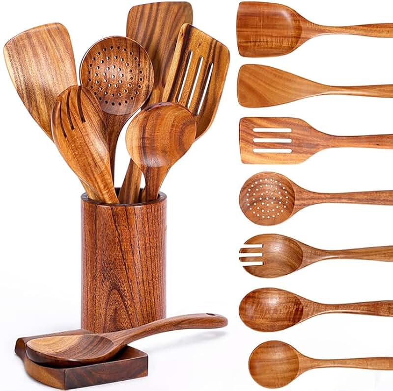 9-Piece Natural Teak Kitchen Utensil Set with Spoon Rest