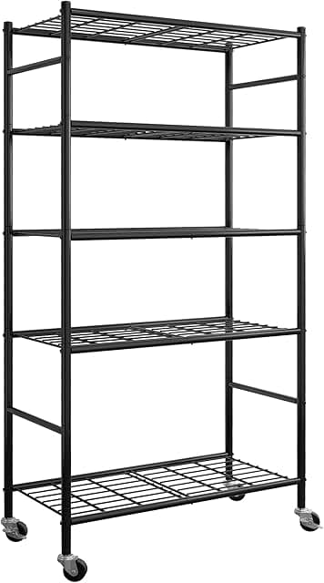 5-Tier Metal Storage Shelf with Wheels and Adjustable Feet