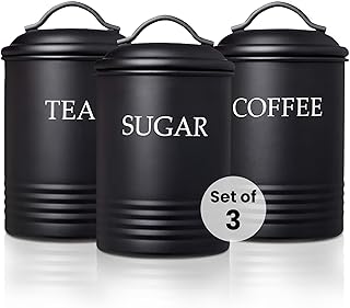 Set of 3 black kitchen canisters for sugar, coffee, and tea