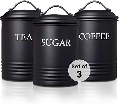 Set of 3 black kitchen canisters for sugar, coffee, and tea