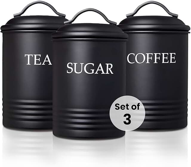 Set of 3 black kitchen canisters for sugar, coffee, and tea