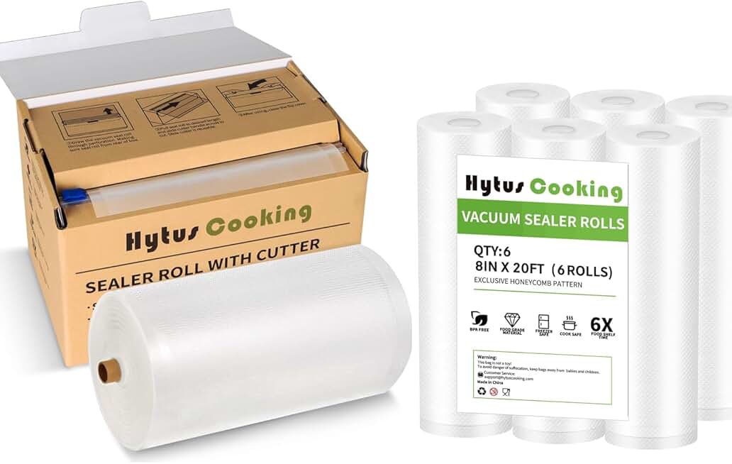 8-inch x 150-foot food vacuum sealer bag rolls with cutter and dispenser, plus 6 additional 8-inch x 20-foot rolls
