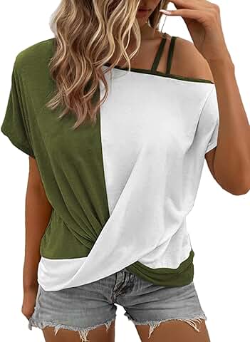 Women’s Twist Knot Color Block Cold Shoulder T-Shirt