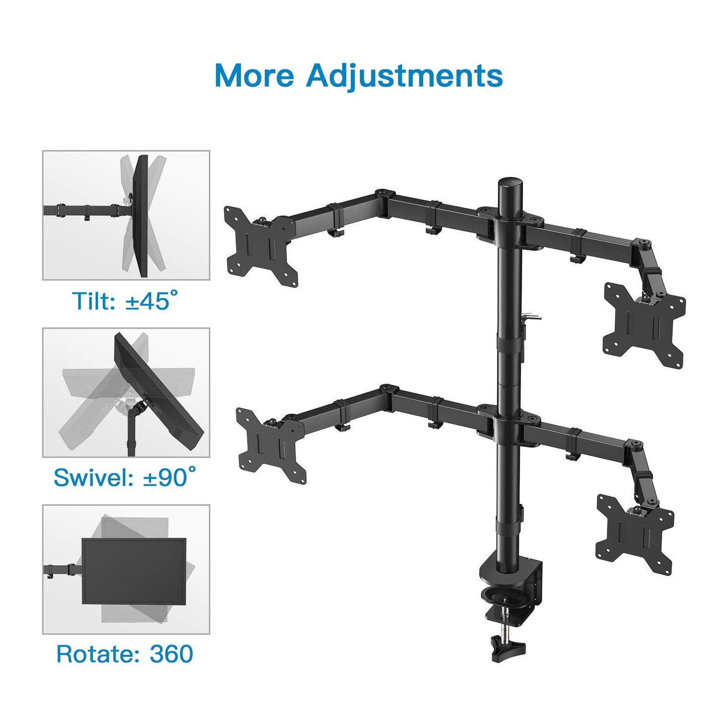 Quad Monitor Stand, 4 Monitor Stand for 13-27 inches Computer Screens with Full Articulation, Heavy Duty Monitor Desk Mount Fully Adjustable Holds up to 22LBS per Arm