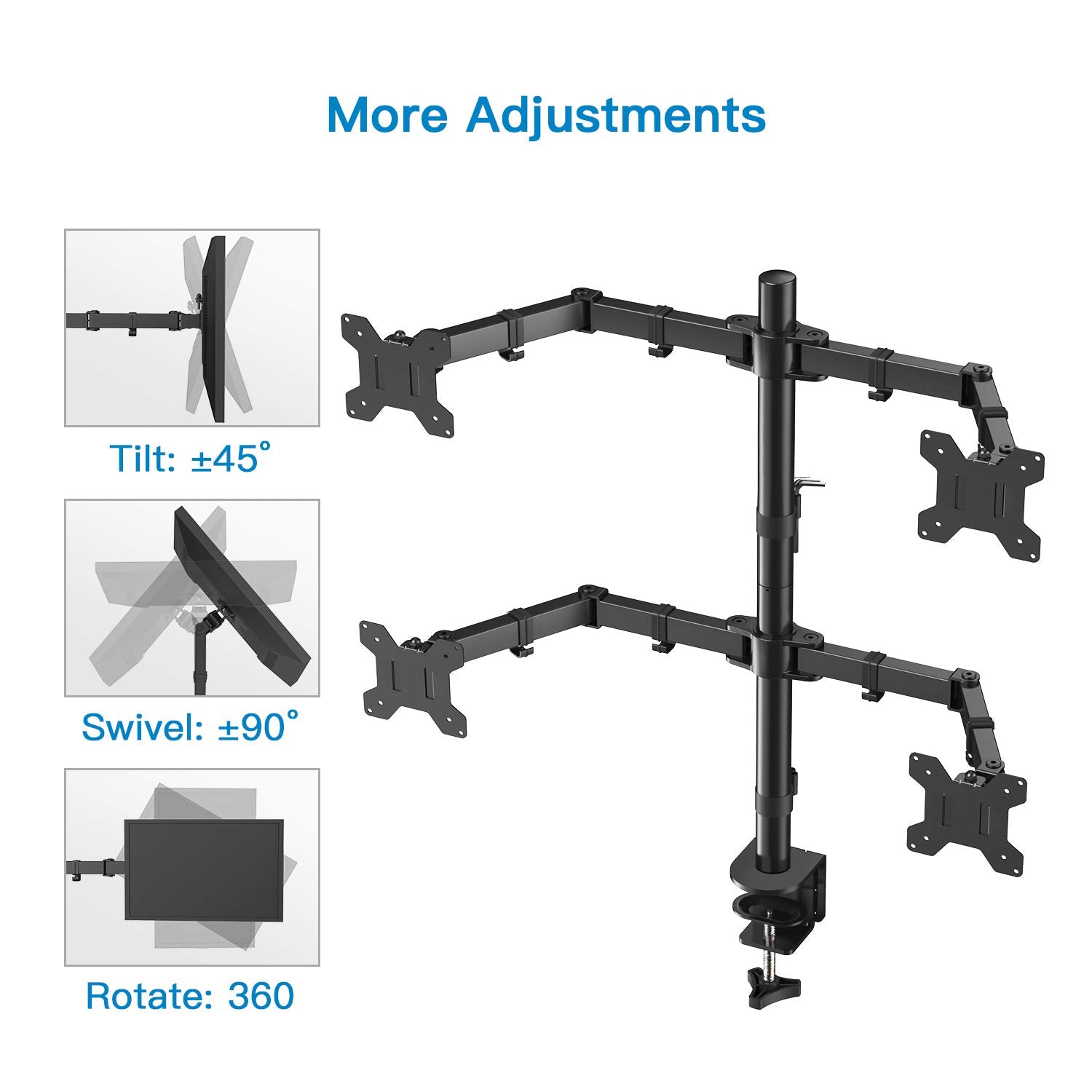 Quad Monitor Stand, 4 Monitor Stand for 13-27 inches Computer Screens with Full Articulation, Heavy Duty Monitor Desk Mount Fully Adjustable Holds up to 22LBS per Arm