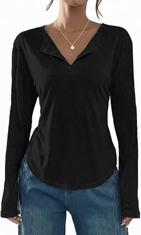 Women's Long-Sleeve Button-Front T-Shirt with Curved Hem
