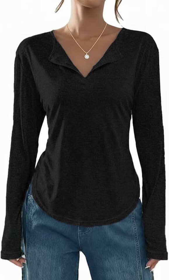 Women's Long-Sleeve Button-Front T-Shirt with Curved Hem