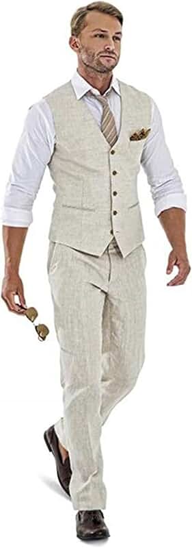Casual Beige Linen 2-Piece Suit for Men