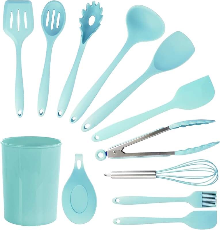 Black silicone kitchen utensil set with spatula ladle and egg beater