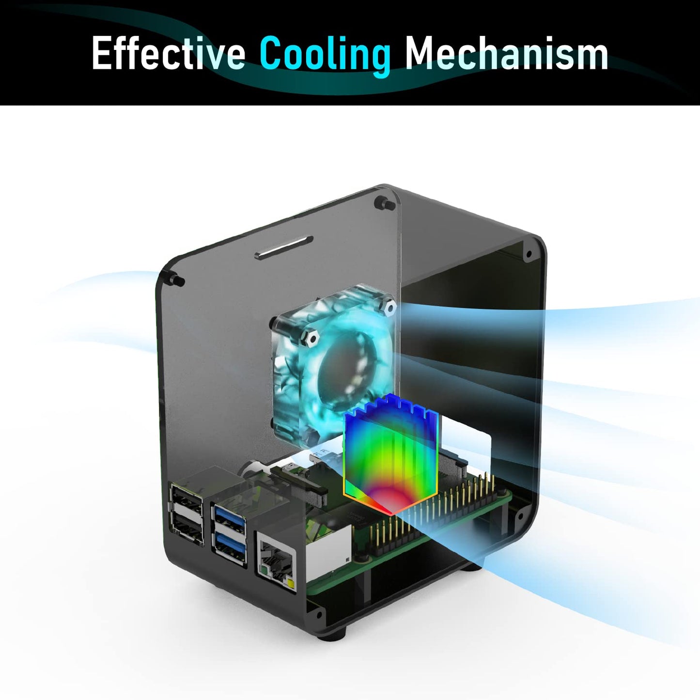 Raspberry Pi 4 Case, Aluminum Mini Tower Case with Cooling Fan and Color Changing Ambient Light (Matte Black & Dark Gray)