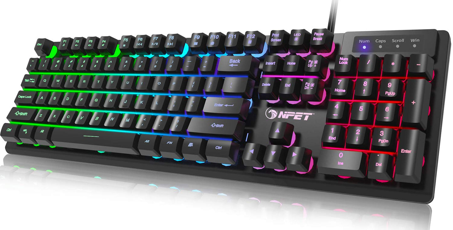 K10 Gaming Keyboard, RGB Backlit, Spill-Resistant Design, Multimedia Keys, Quiet Silent USB Membrane Keyboard for Desktop, Computer, PC (Black)