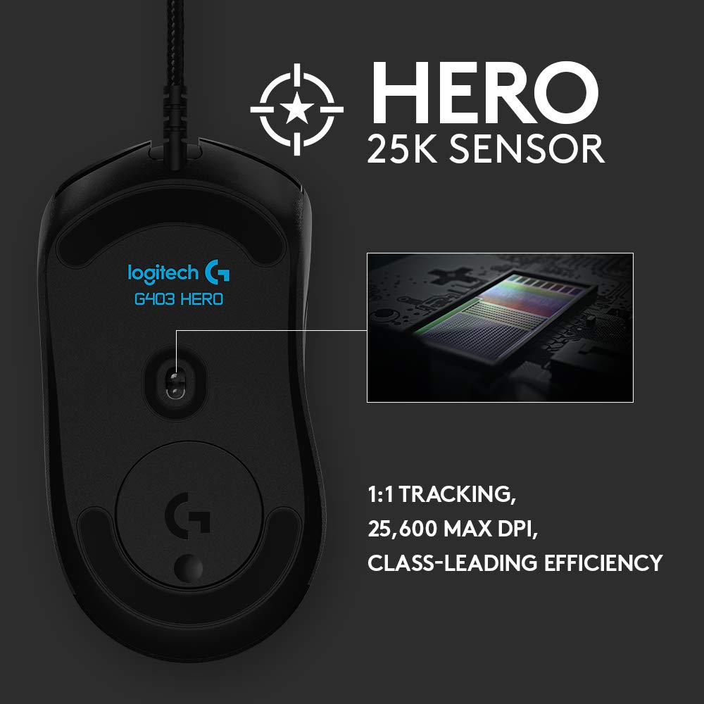 403 Hero 25K Gaming Mouse, Lightsync RGB, Lightweight 87G+10G optional, Braided Cable, 25, 600 DPI, Rubber Side Grips