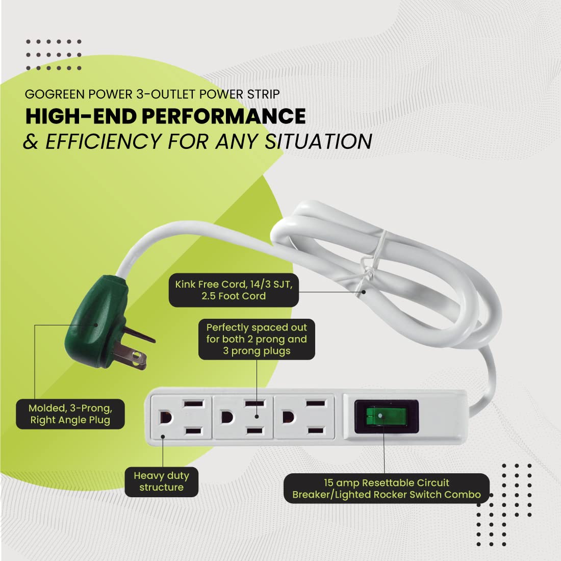 GoGreen (GG-13002MS) 3 Outlet Strip, White, 2.5 Ft Cord