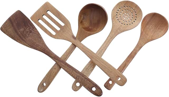 Natural Wooden Cooking Utensil Set with Ladle and Spoons