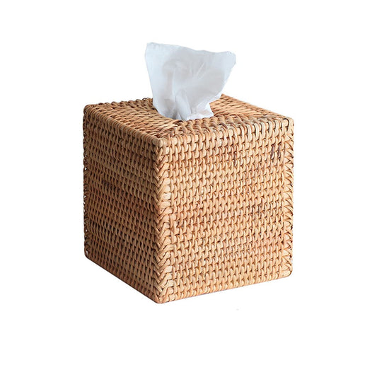 Square Rattan Tissue Box Cover, Hand Woven Wicker Tissue Holder, 5.7 x 5.7X 5.7 inches