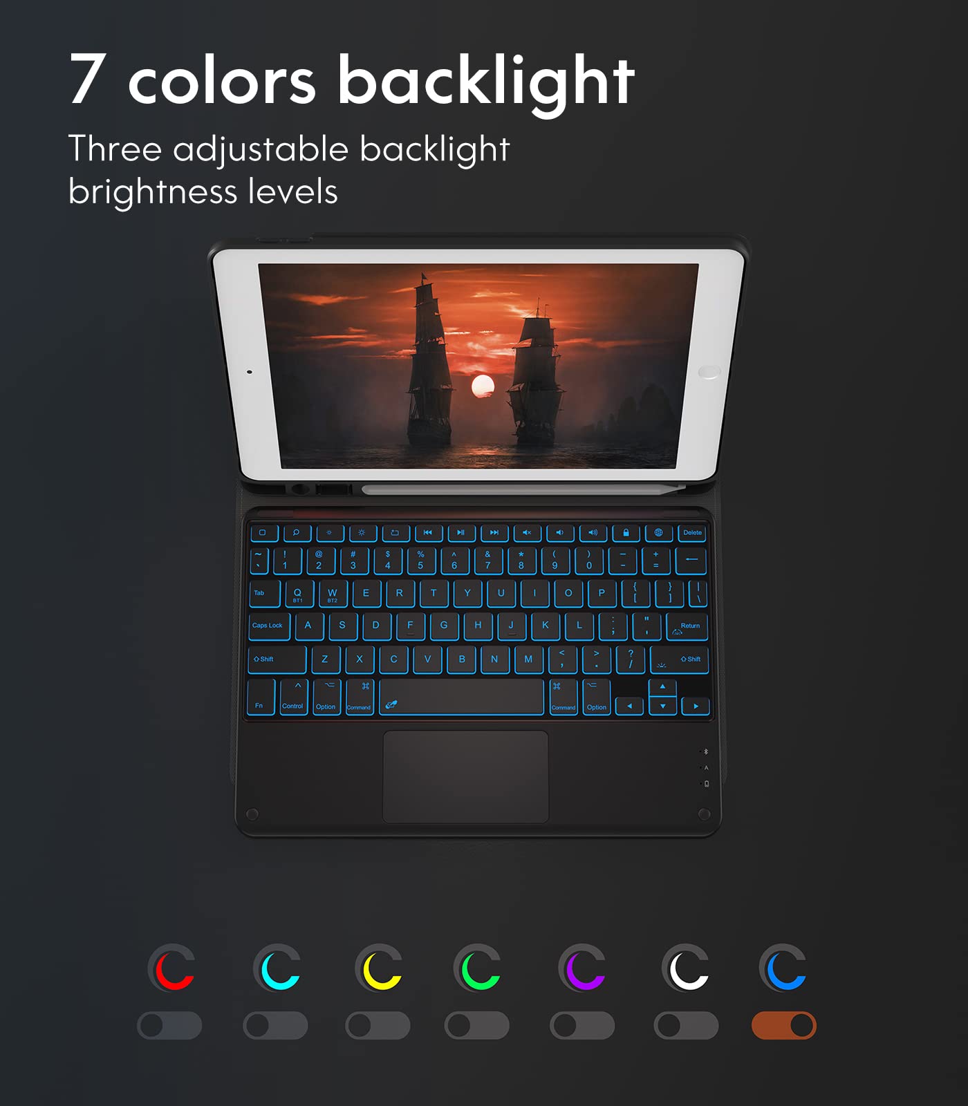 iPad Keyboard 9th Generation, 7 Color Backlit, Multi-Touch Trackpad, Built-in Pencil Holder, 2 Bluetooth Channels, Flip Stand Keyboard Case for iPad 9th/8th/7th Gen 10.2 Black