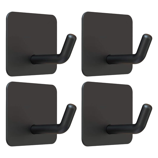 Adhesive Hooks, Black Adhesive Wall Hooks Heavy Duty Waterproof Stainless Steel Self Adhesive Hooks Kitchen Bathroom Shower Sticky Wall Hooks for Towel Loofah Sponge Utensils - 4 Pcs