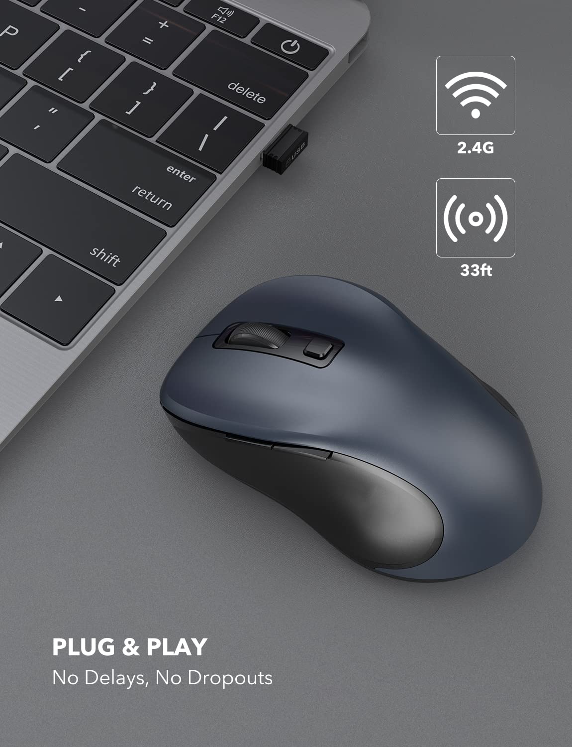 Wireless Mouse for Laptop, 2.4GHz Ergonomic Computer Mouse with 3 Adjustable DPI Levels, Page Up & Down Buttons, USB Mouse for Chromebook, PC, Desktop, Notebook, MacBook (Grey)