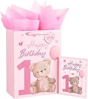 Pink Bear Baby Girl Birthday Gift Bag, 10x5x13 inches