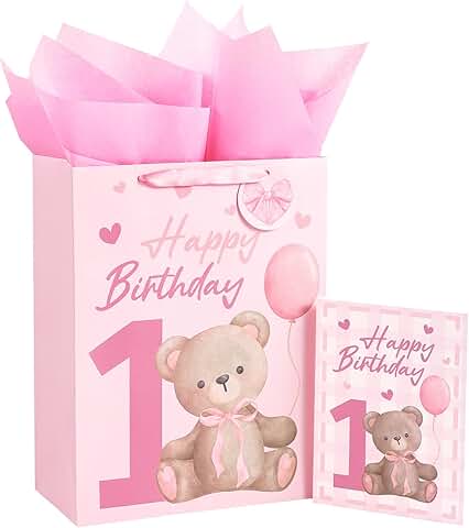 Pink Bear Baby Girl Birthday Gift Bag, 10x5x13 inches