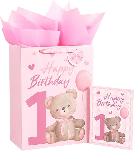 Pink Bear Baby Girl Birthday Gift Bag, 10x5x13 inches