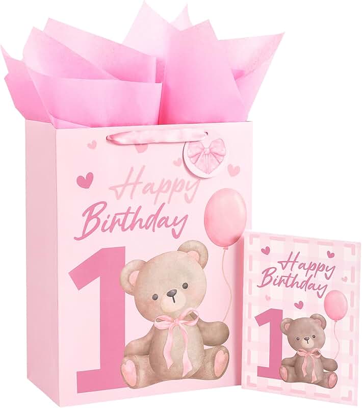 Pink Bear Baby Girl Birthday Gift Bag, 10x5x13 inches