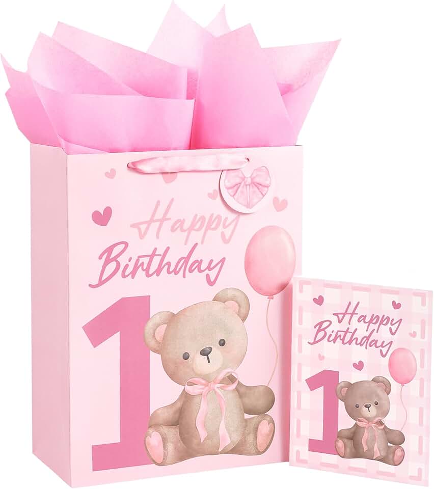 Pink Bear Baby Girl Birthday Gift Bag, 10x5x13 inches