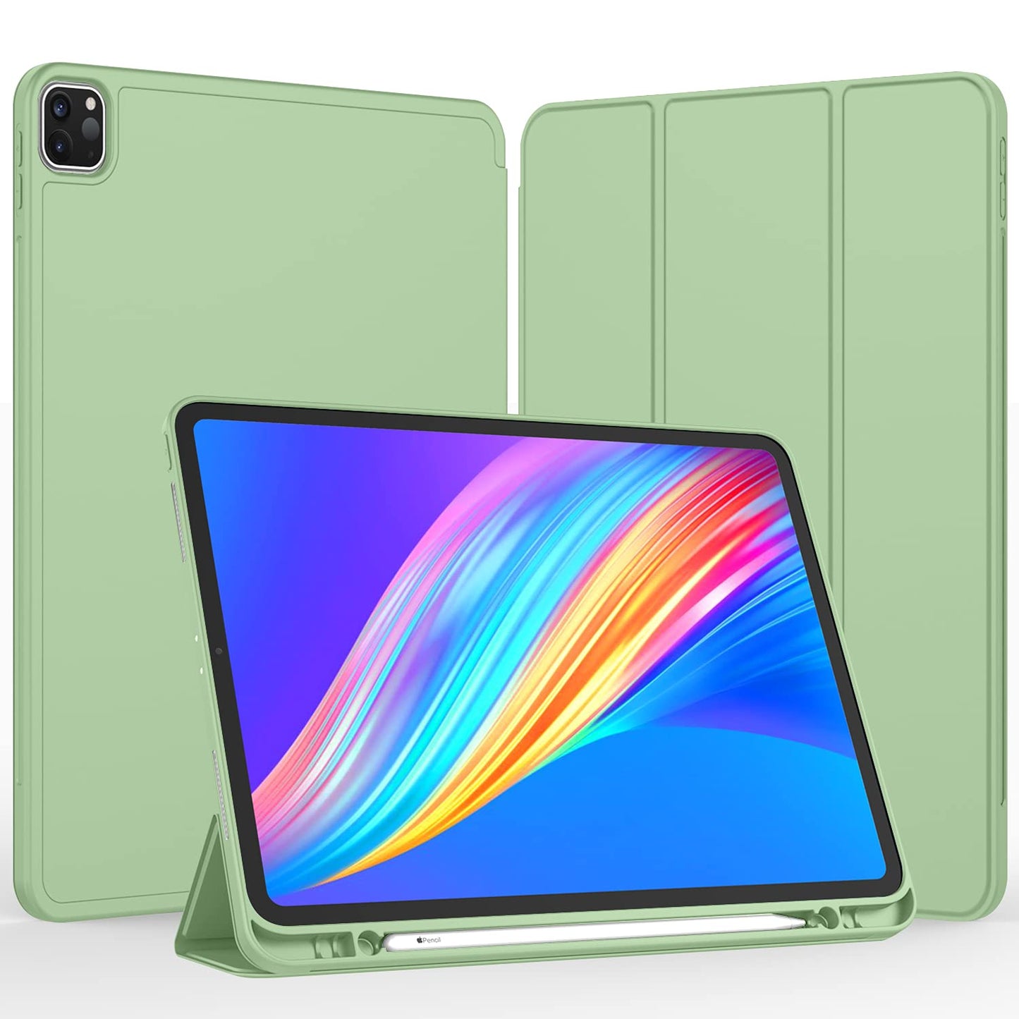 New iPad Pro 12.9 Case 2021(5th Gen) with Pencil Holder [Support iPad 2nd Pencil Charging/Pair],Trifold Stand Smart Case with Soft TPU Back,Auto Wake/Sleep(Matcha Green)