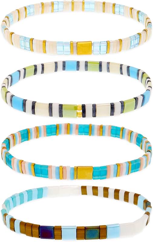 Set of four trendy handmade beaded stretch bracelets for women