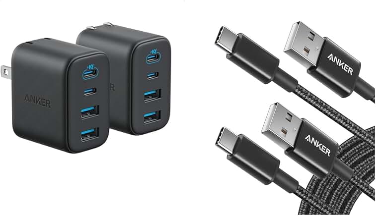 2-Pack 10FT USB A to USB C Cables and 4-Port Wall Adapter