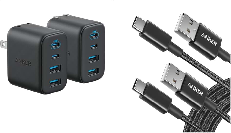 2-Pack 10FT USB A to USB C Cables and 4-Port Wall Adapter