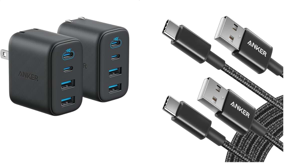 2-Pack 10FT USB A to USB C Cables and 4-Port Wall Adapter