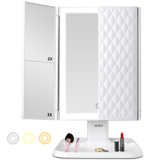 Makeup Mirror Vanity Mirror with Lights  3 Color Lighting Modes 72 LED Trifold Mirror, 1x/2x/3x Magnification, Touch Control Design, Portable High Definition Cosmetic Lighted Up Mirror
