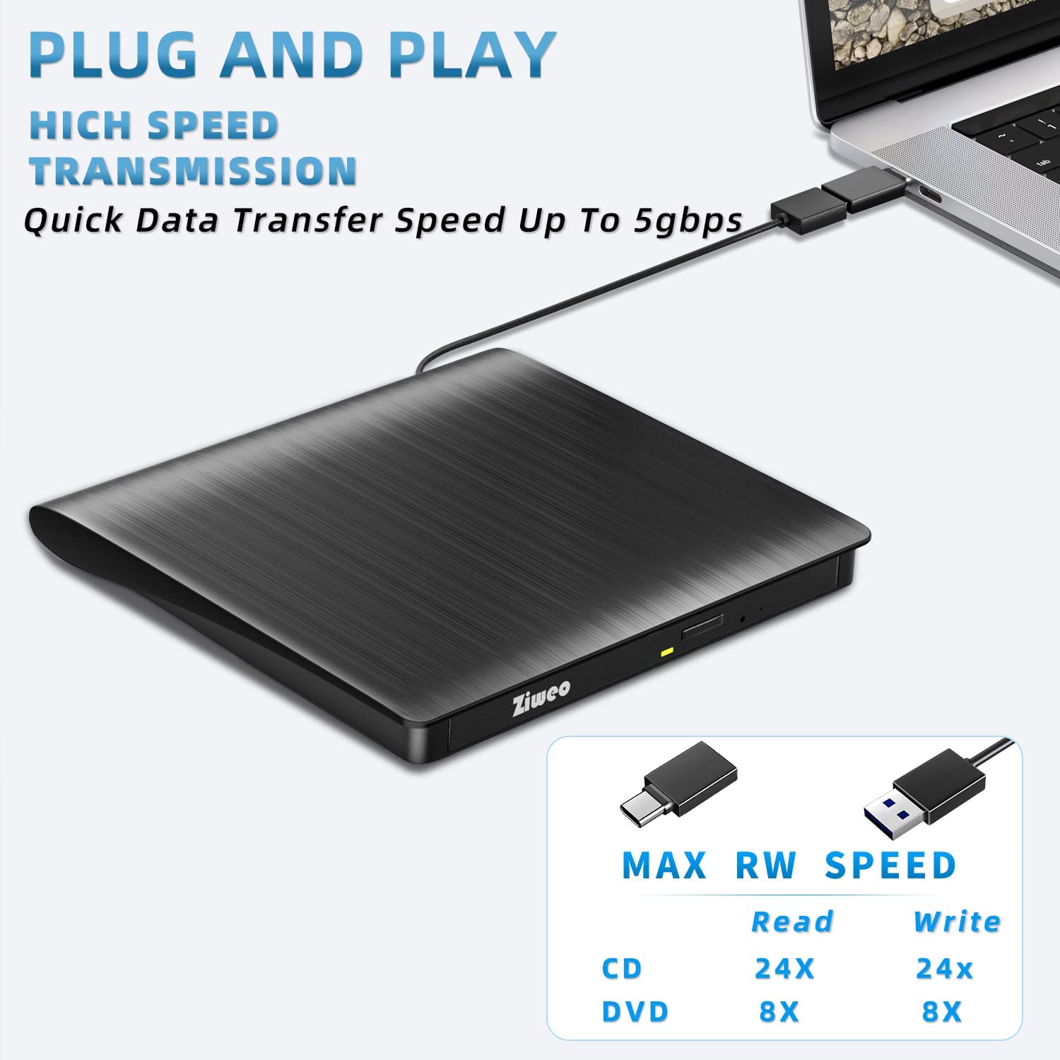 External DVD Drive USB 3.0 Type-C CD Burner Portable CD DVD +/-RW Drive DVD Player for Laptop CD ROM Rewriter Burner Compatible with Laptop Desktop PC Windows MacBook Mac Linux Mac OS