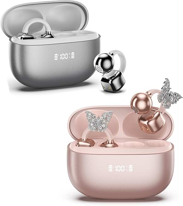 Open Ear Clip-On Wireless Earbuds with LED Display and Butterfly Earrings