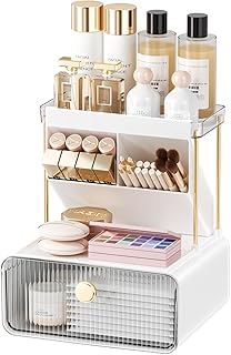 Transparent makeup and cosmetic organizer with drawer