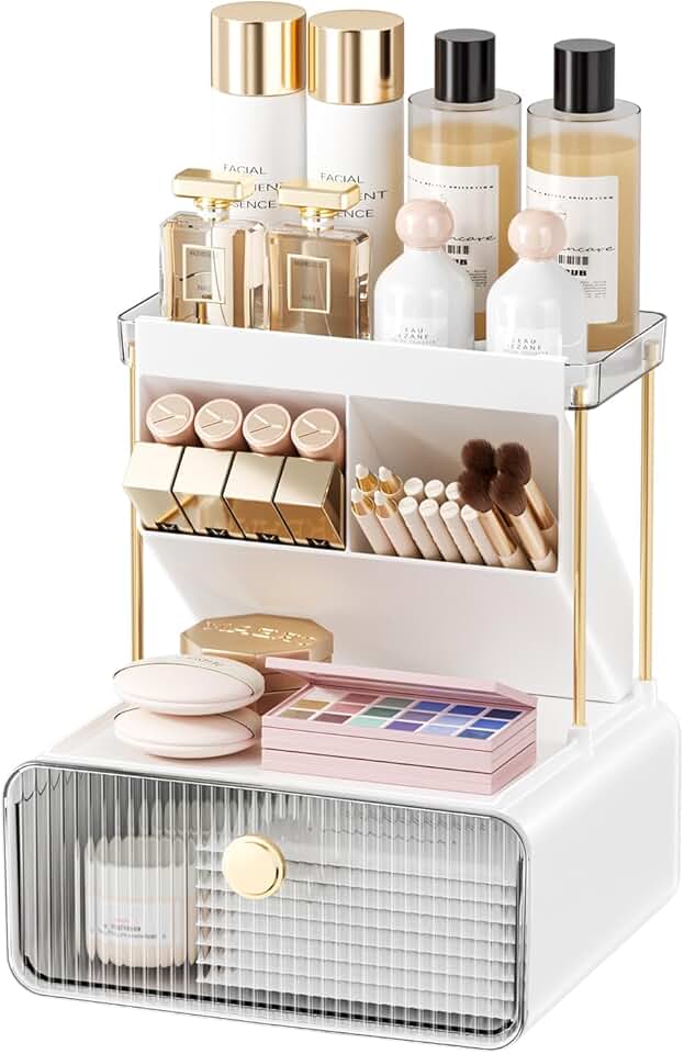 Transparent makeup and cosmetic organizer with drawer