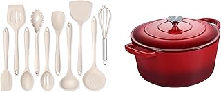 Khaki Silicone Cooking Utensils Set and Red Dutch Oven