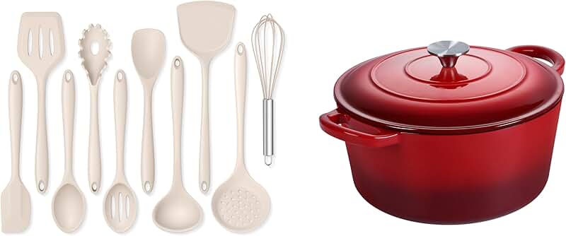 Khaki Silicone Cooking Utensils Set and Red Dutch Oven