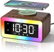 Wooden Digital Alarm Clock with Wireless Charging and Night Light