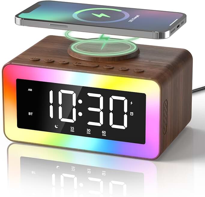 Wooden Digital Alarm Clock with Wireless Charging and Night Light