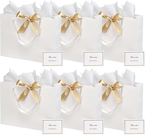 Six Large White Gift Bags with Tissue and Ribbon