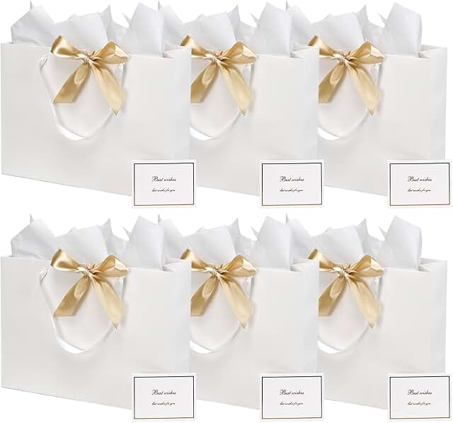 Six Large White Gift Bags with Tissue and Ribbon