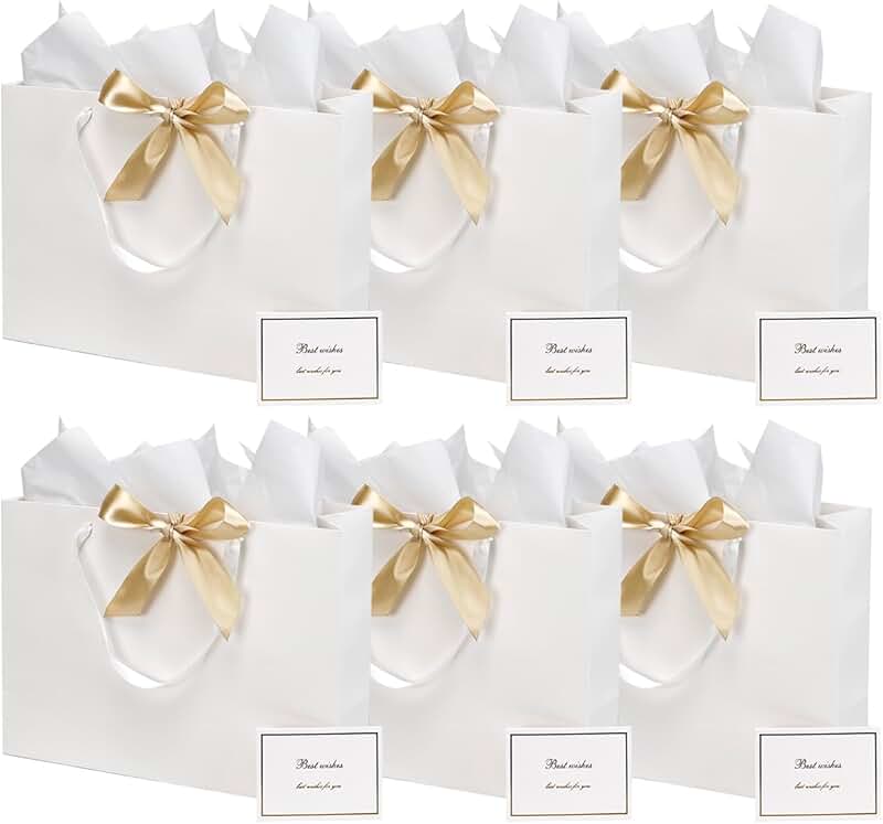 Six Large White Gift Bags with Tissue and Ribbon
